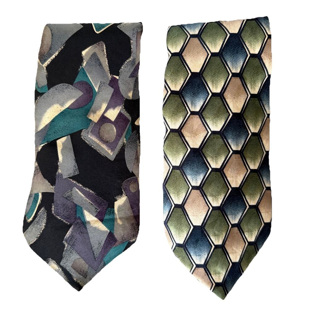 Pierre Cardin 2 Silk Ties Neckties Green Blue Geometric Classic USA Gift Lot